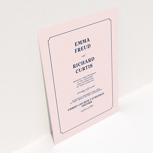 A wedding invite card named "Harrison notch". It is an A5 invite in a portrait orientation. "Harrison notch" is available as a flat invite, with mainly pink colouring.