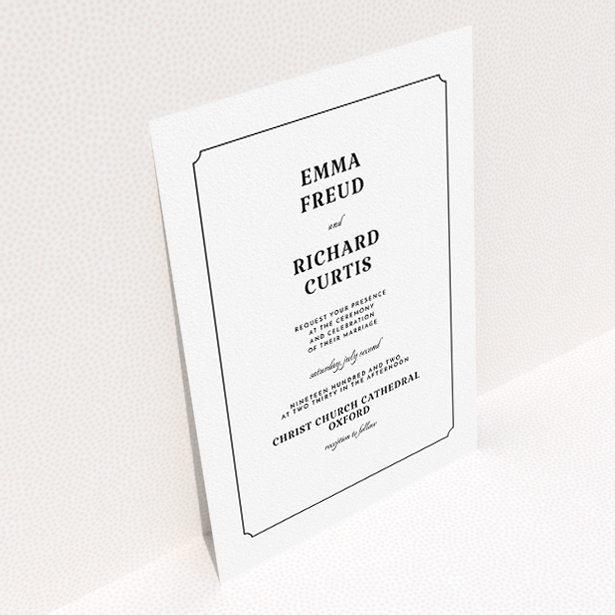 A wedding invite card design called "Harrison notch". It is an A5 invite in a portrait orientation. "Harrison notch" is available as a flat invite, with mainly white colouring.