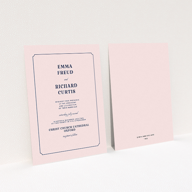 A wedding invite card named "Harrison notch". It is an A5 invite in a portrait orientation. "Harrison notch" is available as a flat invite, with mainly pink colouring.