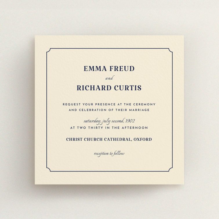 A wedding invite card design called "Harrison notch". It is a square (148mm x 148mm) invite in a square orientation. "Harrison notch" is available as a flat invite, with tones of cream and navy blue.