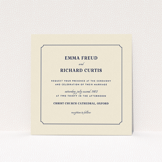 A wedding invite card design called "Harrison notch". It is a square (148mm x 148mm) invite in a square orientation. "Harrison notch" is available as a flat invite, with tones of cream and navy blue.