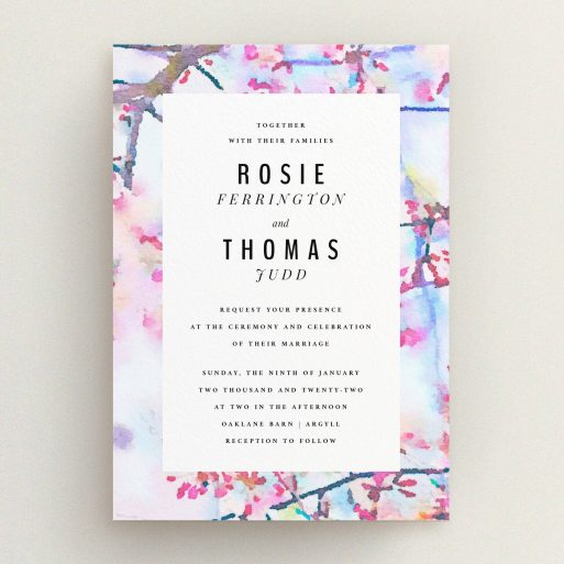 A wedding invite card design named "Impression of Blossom". It is an A5 invite in a portrait orientation. "Impression of Blossom" is available as a flat invite, with tones of pink, blue and light purple.