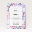 A wedding invite card design named "Impression of Blossom". It is an A5 invite in a portrait orientation. "Impression of Blossom" is available as a flat invite, with tones of pink, blue and light purple.