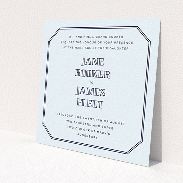 A wedding invite card design called "In between the lines square". It is a square (148mm x 148mm) invite in a square orientation. "In between the lines square" is available as a flat invite, with mainly blue colouring.