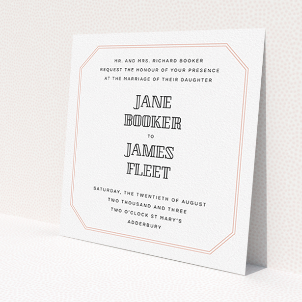 A wedding invite card named "In between the lines square". It is a square (148mm x 148mm) invite in a square orientation. "In between the lines square" is available as a flat invite, with tones of pink and white.