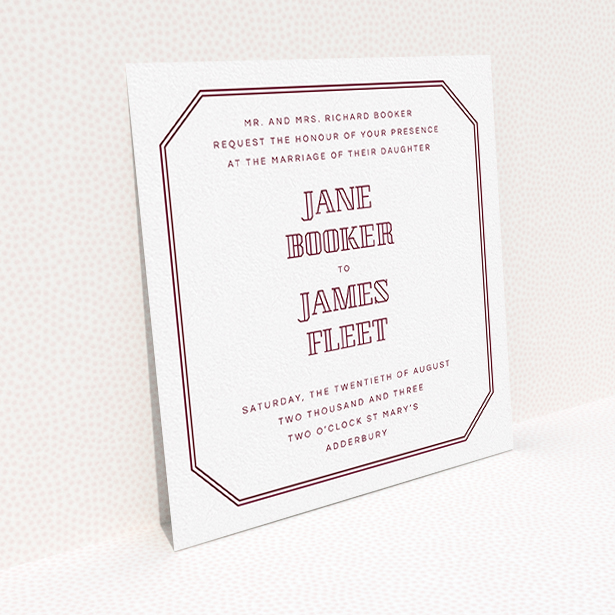 A wedding invite card template titled "In between the lines square". It is a square (148mm x 148mm) invite in a square orientation. "In between the lines square" is available as a flat invite, with tones of burgundy and white.