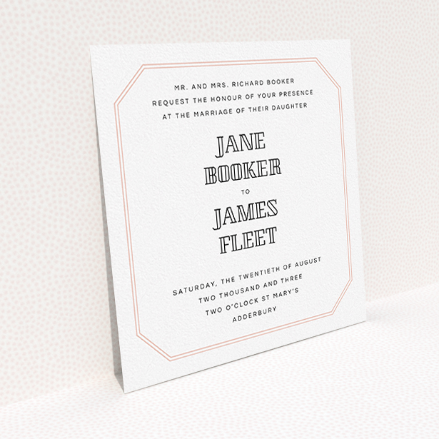 A wedding invite card named "In between the lines square". It is a square (148mm x 148mm) invite in a square orientation. "In between the lines square" is available as a flat invite, with tones of pink and white.