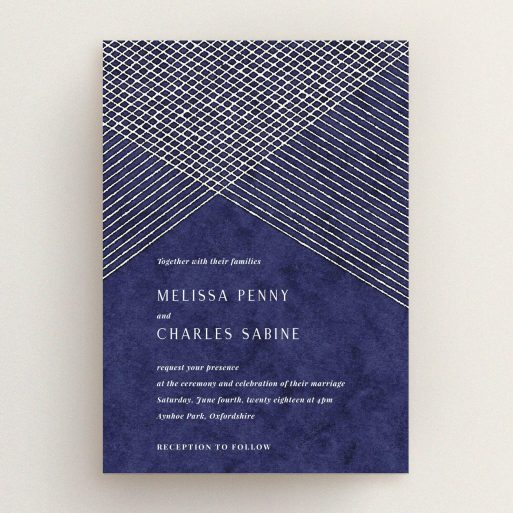 A wedding invite card called "In the Navy". It is an A5 invite in a portrait orientation. "In the Navy" is available as a flat invite, with tones of blue and white.