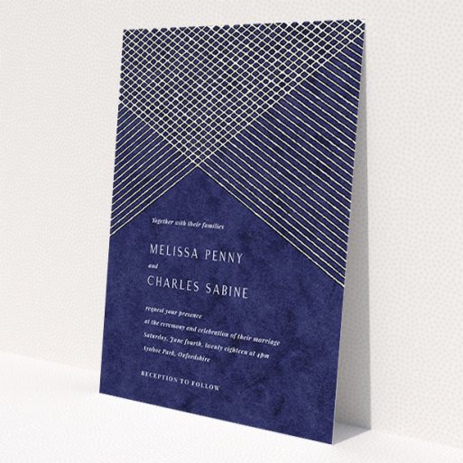 A wedding invite card called 'In the Navy'. It is an A5 invite in a portrait orientation. 'In the Navy' is available as a flat invite, with tones of blue and white.