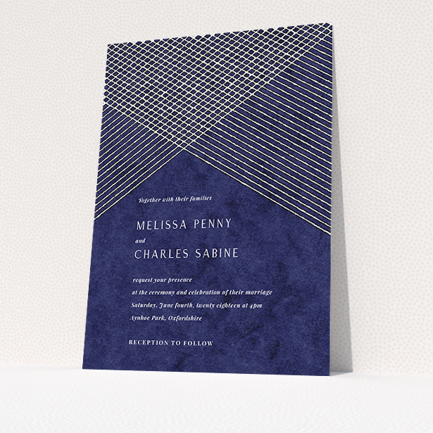 A wedding invite card called "In the Navy". It is an A5 invite in a portrait orientation. "In the Navy" is available as a flat invite, with tones of blue and white.