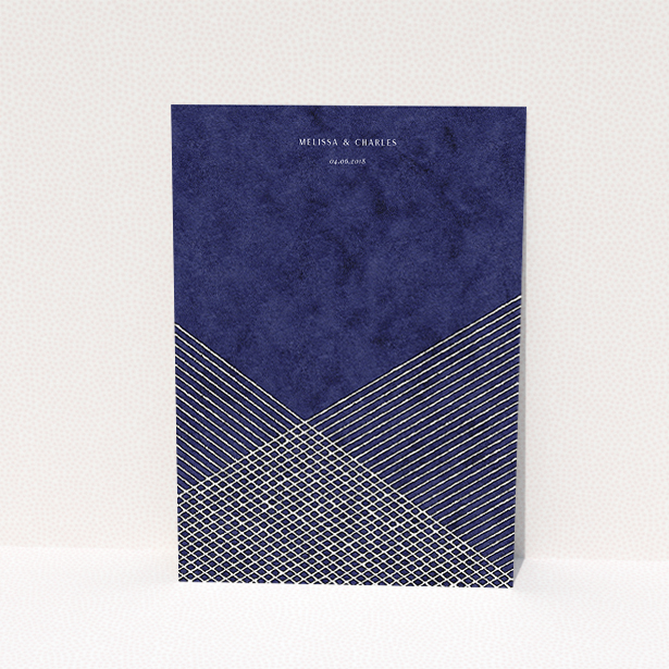 A wedding invite card called "In the Navy". It is an A5 invite in a portrait orientation. "In the Navy" is available as a flat invite, with tones of blue and white.