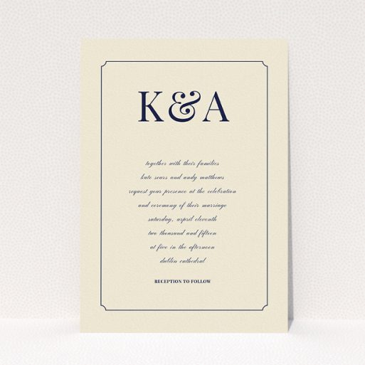 A wedding invite card design titled "Initials here". It is an A5 invite in a portrait orientation. "Initials here" is available as a flat invite, with tones of cream and navy blue.
