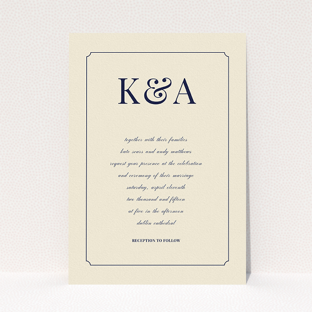 A wedding invite card design titled "Initials here". It is an A5 invite in a portrait orientation. "Initials here" is available as a flat invite, with tones of cream and navy blue.