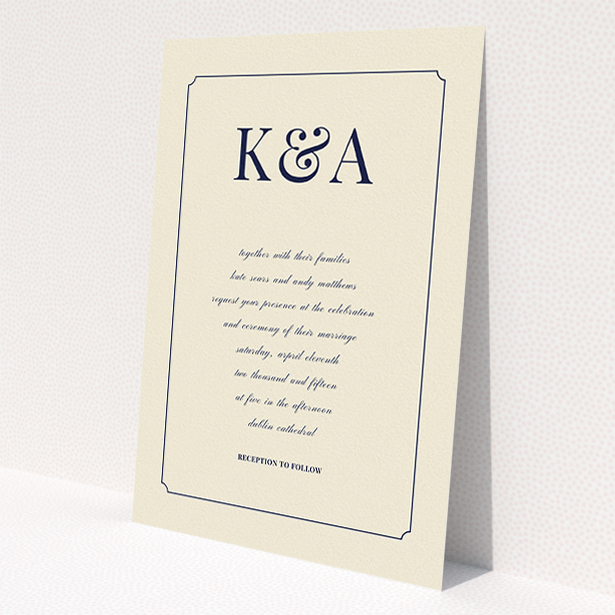 A wedding invite card design titled "Initials here". It is an A5 invite in a portrait orientation. "Initials here" is available as a flat invite, with tones of cream and navy blue.