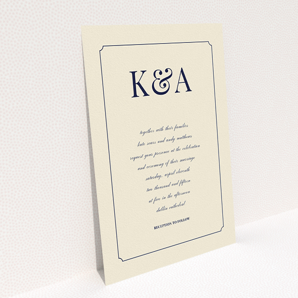 A wedding invite card design titled "Initials here". It is an A5 invite in a portrait orientation. "Initials here" is available as a flat invite, with tones of cream and navy blue.