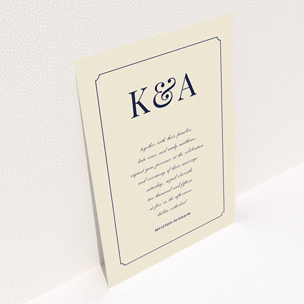 A wedding invite card design titled "Initials here". It is an A5 invite in a portrait orientation. "Initials here" is available as a flat invite, with tones of cream and navy blue.