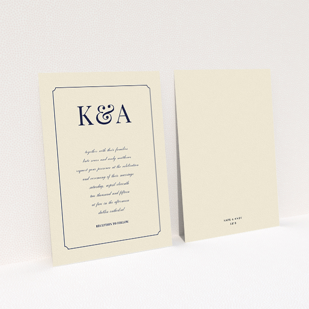 A wedding invite card design titled "Initials here". It is an A5 invite in a portrait orientation. "Initials here" is available as a flat invite, with tones of cream and navy blue.