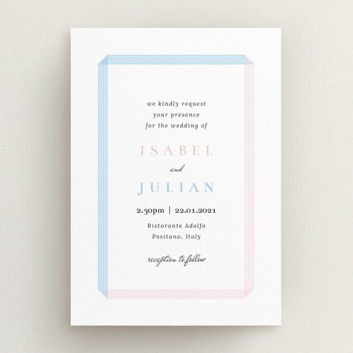 A wedding invite card called "Intersection". It is an A5 invite in a portrait orientation. "Intersection" is available as a flat invite, with tones of blue and pink.