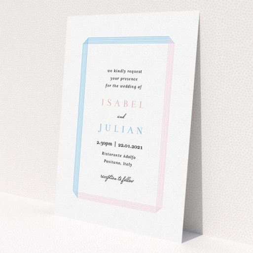 A wedding invite card called 'Intersection'. It is an A5 invite in a portrait orientation. 'Intersection' is available as a flat invite, with tones of blue and pink.