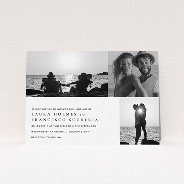 A wedding invite card called "Italicised". It is an A6 invite in a landscape orientation. It is a photographic wedding invite card with room for 3 photos. "Italicised" is available as a flat invite, with mainly white colouring.