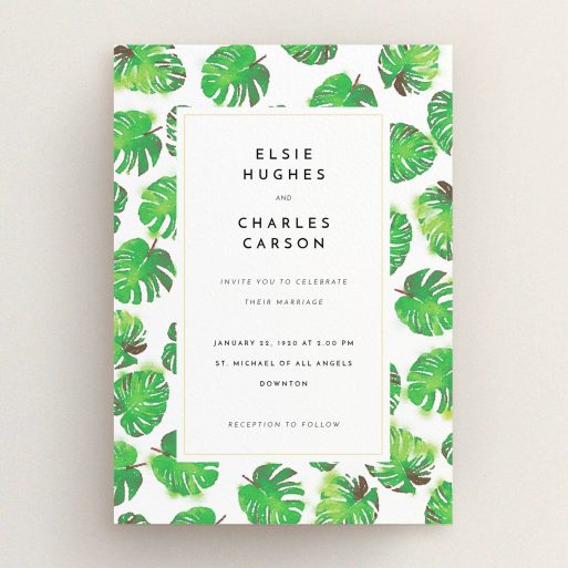 A wedding invite card called "Jungle Sky". It is an A5 invite in a portrait orientation. "Jungle Sky" is available as a flat invite, with tones of green and white.