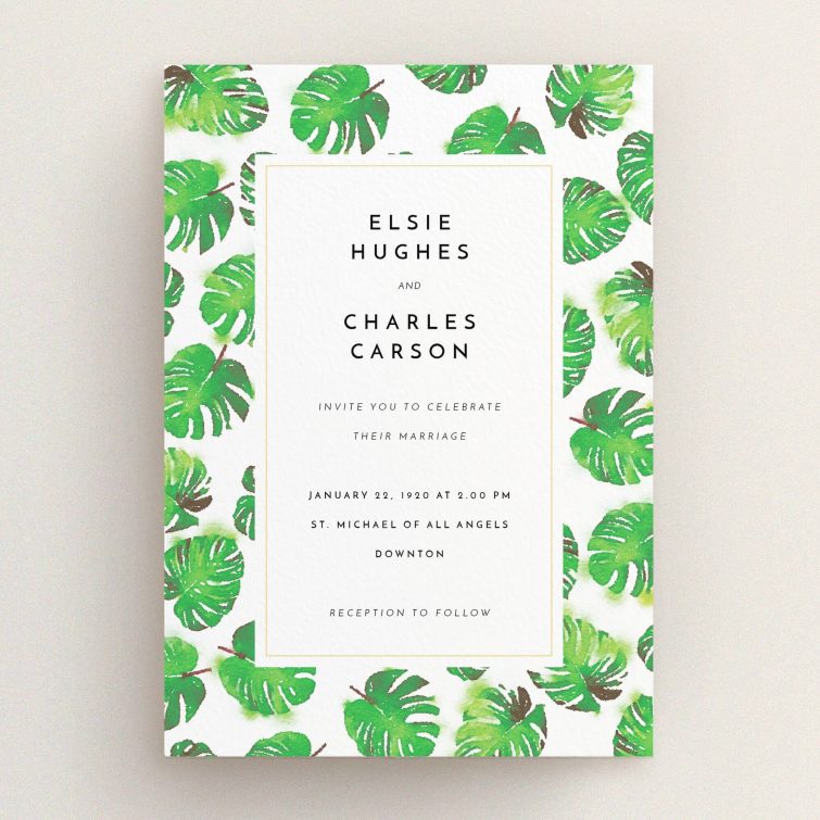 A wedding invite card called "Jungle Sky". It is an A5 invite in a portrait orientation. "Jungle Sky" is available as a flat invite, with tones of green and white.