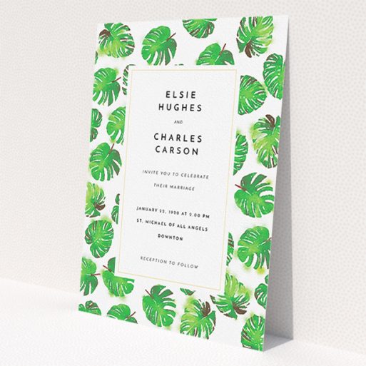 A wedding invite card called 'Jungle Sky'. It is an A5 invite in a portrait orientation. 'Jungle Sky' is available as a flat invite, with tones of green and white.