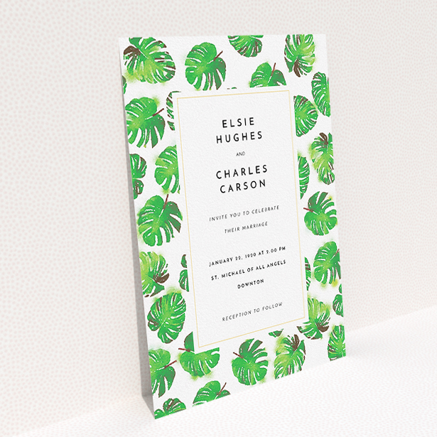 A wedding invite card called "Jungle Sky". It is an A5 invite in a portrait orientation. "Jungle Sky" is available as a flat invite, with tones of green and white.