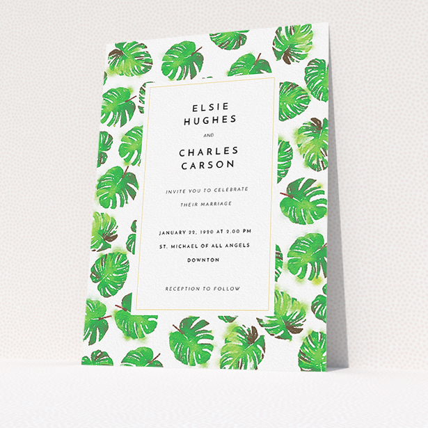 A wedding invite card called "Jungle Sky". It is an A5 invite in a portrait orientation. "Jungle Sky" is available as a flat invite, with tones of green and white.