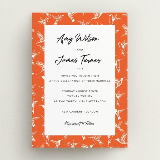 A wedding invite card template titled "Lots of Hummingbirds". It is an A5 invite in a portrait orientation. "Lots of Hummingbirds" is available as a flat invite, with tones of red and white.