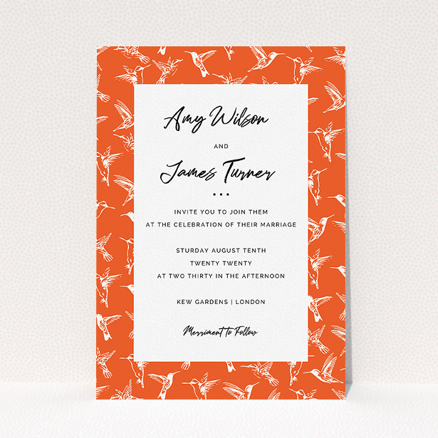A wedding invite card template titled "Lots of Hummingbirds". It is an A5 invite in a portrait orientation. "Lots of Hummingbirds" is available as a flat invite, with tones of red and white.
