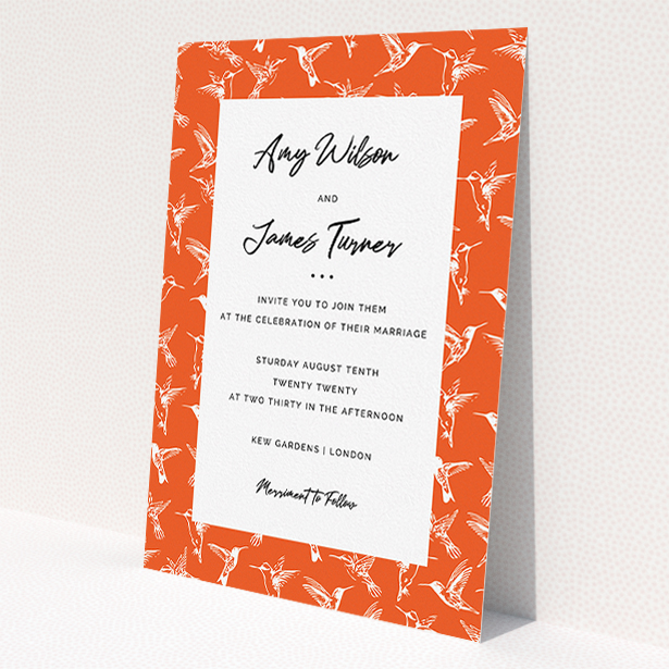 A wedding invite card template titled "Lots of Hummingbirds". It is an A5 invite in a portrait orientation. "Lots of Hummingbirds" is available as a flat invite, with tones of red and white.