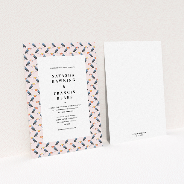 A wedding invite card design named "Lots of Toucans". It is an A5 invite in a portrait orientation. "Lots of Toucans" is available as a flat invite, with tones of pink, blue and orange.