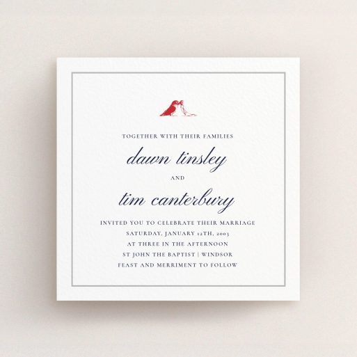 A wedding invite card design titled "Lovebirds". It is a square (148mm x 148mm) invite in a square orientation. "Lovebirds" is available as a flat invite, with tones of white and red.