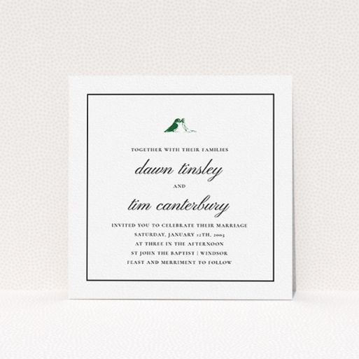 A wedding invite card called "Lovebirds". It is a square (148mm x 148mm) invite in a square orientation. "Lovebirds" is available as a flat invite, with tones of white and green.