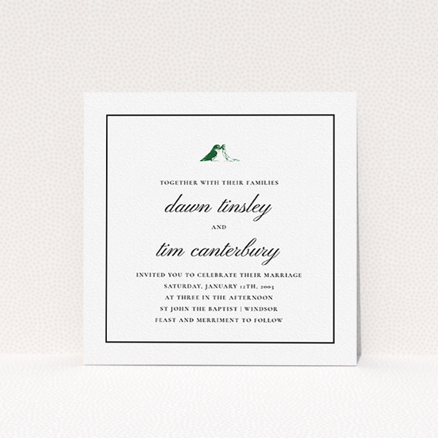 A wedding invite card called "Lovebirds". It is a square (148mm x 148mm) invite in a square orientation. "Lovebirds" is available as a flat invite, with tones of white and green.