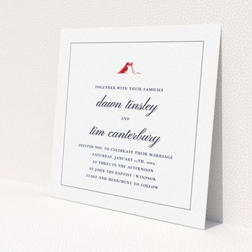 A wedding invite card design titled 'Lovebirds'. It is a square (148mm x 148mm) invite in a square orientation. 'Lovebirds' is available as a flat invite, with tones of white and red.