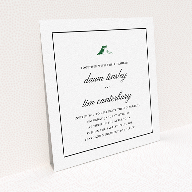 A wedding invite card called "Lovebirds". It is a square (148mm x 148mm) invite in a square orientation. "Lovebirds" is available as a flat invite, with tones of white and green.
