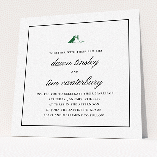A wedding invite card called "Lovebirds". It is a square (148mm x 148mm) invite in a square orientation. "Lovebirds" is available as a flat invite, with tones of white and green.