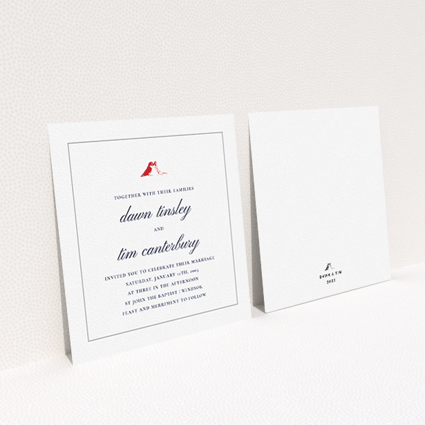 A wedding invite card design titled "Lovebirds". It is a square (148mm x 148mm) invite in a square orientation. "Lovebirds" is available as a flat invite, with tones of white and red.