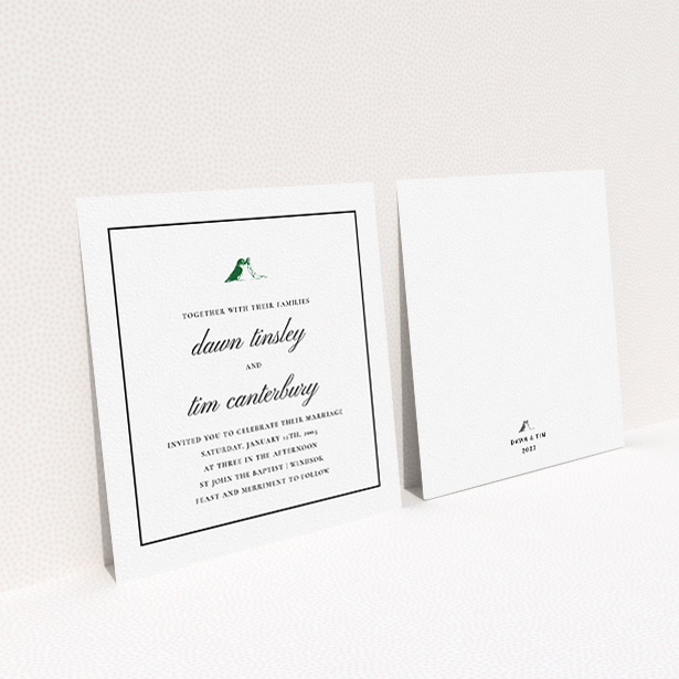 A wedding invite card called "Lovebirds". It is a square (148mm x 148mm) invite in a square orientation. "Lovebirds" is available as a flat invite, with tones of white and green.