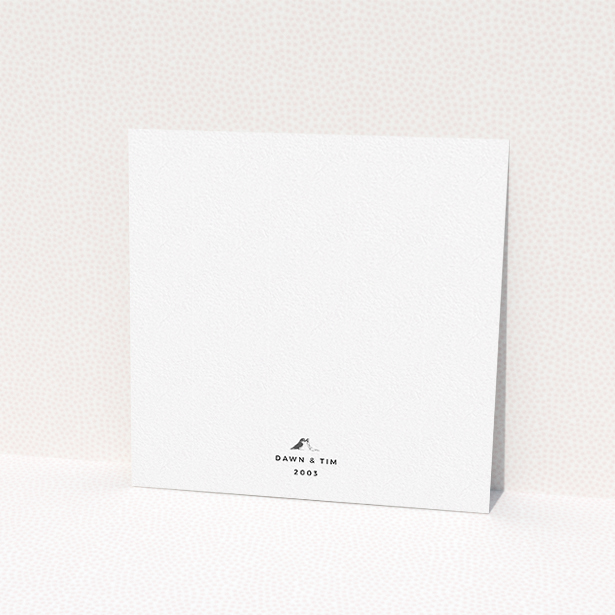 A wedding invite card design titled "Lovebirds". It is a square (148mm x 148mm) invite in a square orientation. "Lovebirds" is available as a flat invite, with tones of white and red.