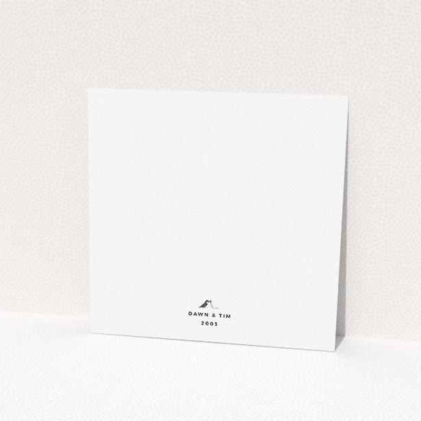 A wedding invite card called "Lovebirds". It is a square (148mm x 148mm) invite in a square orientation. "Lovebirds" is available as a flat invite, with tones of white and green.