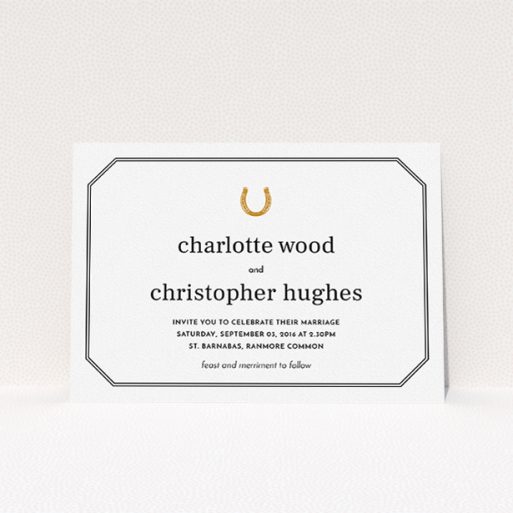 A wedding invite card named "Lucky horse shoe". It is an A5 invite in a landscape orientation. "Lucky horse shoe" is available as a flat invite, with tones of white, gold and black.