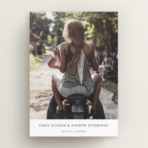 A wedding invite card named "Maddox Street". It is an A5 invite in a portrait orientation. It is a photographic wedding invite card with room for 1 photo. "Maddox Street" is available as a flat invite, with mainly white colouring.