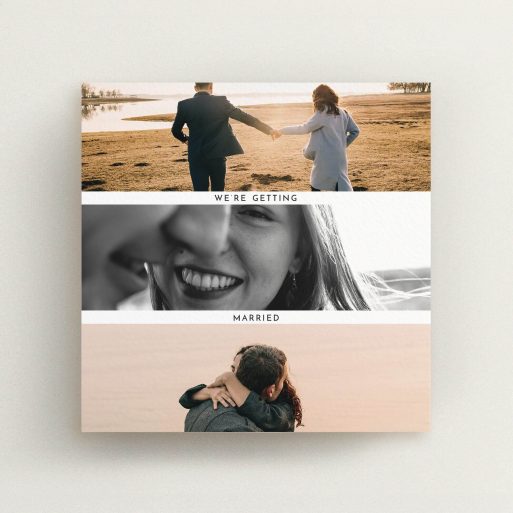 A wedding invite card called "Magic number". It is a square (148mm x 148mm) invite in a square orientation. It is a photographic wedding invite card with room for 3 photos. "Magic number" is available as a flat invite, with mainly white colouring.