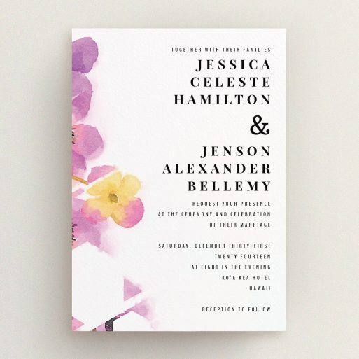 A wedding invite card design named "Modern bouquet". It is an A5 invite in a portrait orientation. "Modern bouquet" is available as a flat invite, with tones of yellow and purple.