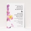 A wedding invite card design named "Modern bouquet". It is an A5 invite in a portrait orientation. "Modern bouquet" is available as a flat invite, with tones of yellow and purple.