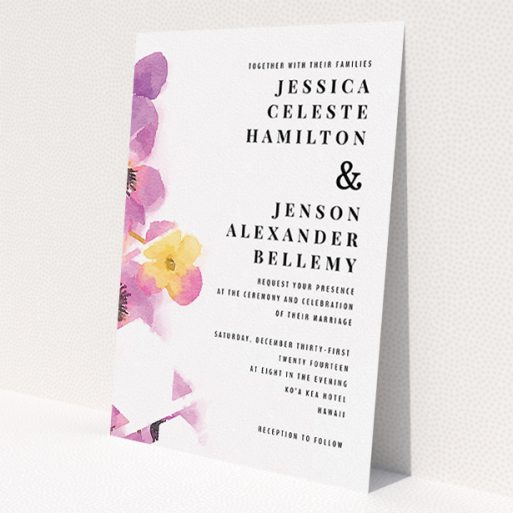 A wedding invite card design named 'Modern bouquet'. It is an A5 invite in a portrait orientation. 'Modern bouquet' is available as a flat invite, with tones of yellow and purple.