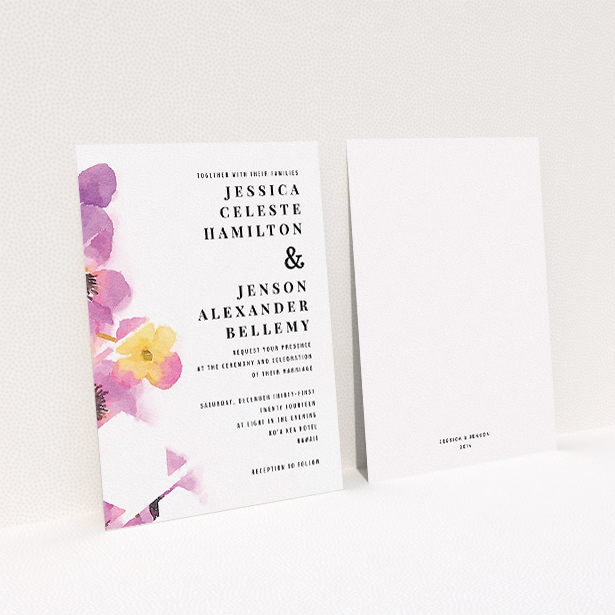 A wedding invite card design named "Modern bouquet". It is an A5 invite in a portrait orientation. "Modern bouquet" is available as a flat invite, with tones of yellow and purple.